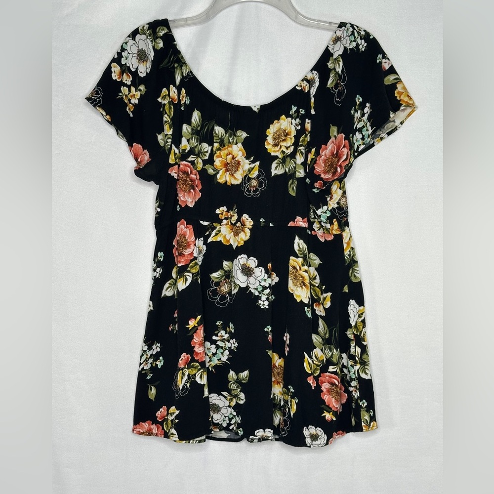 Torrid Black Floral Babydoll Top Off Shoulder Crepe Cottagecore Boho Sz 00 M/L - Picture 3 of 9